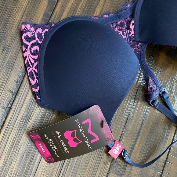 NWT Maidenform 34B Navy/Pink Lace Push-up bra - Picture 2 of 4